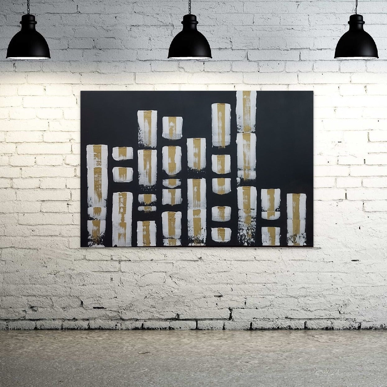 Black white and gold textured large Abstract cityscape painting, living room wall