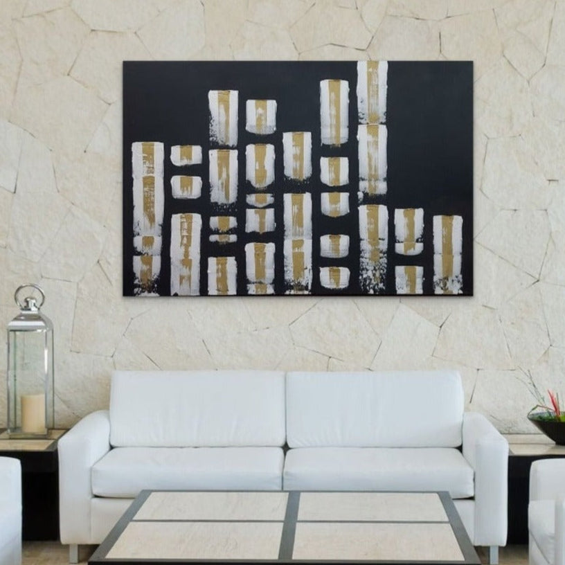 Black white and gold textured large Abstract cityscape painting