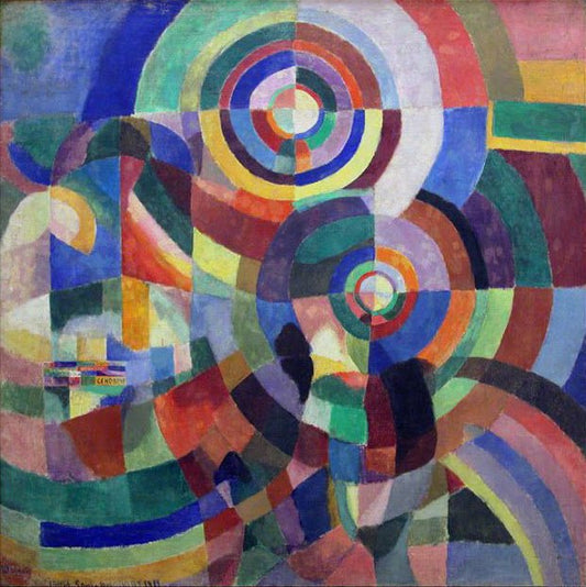 Sonia Delaunay, 1914, Prismes électriques, oil on canvas, 250 x 250 cm, Musée National d'Art Moderne. Public domain, via Wikimedia Commons