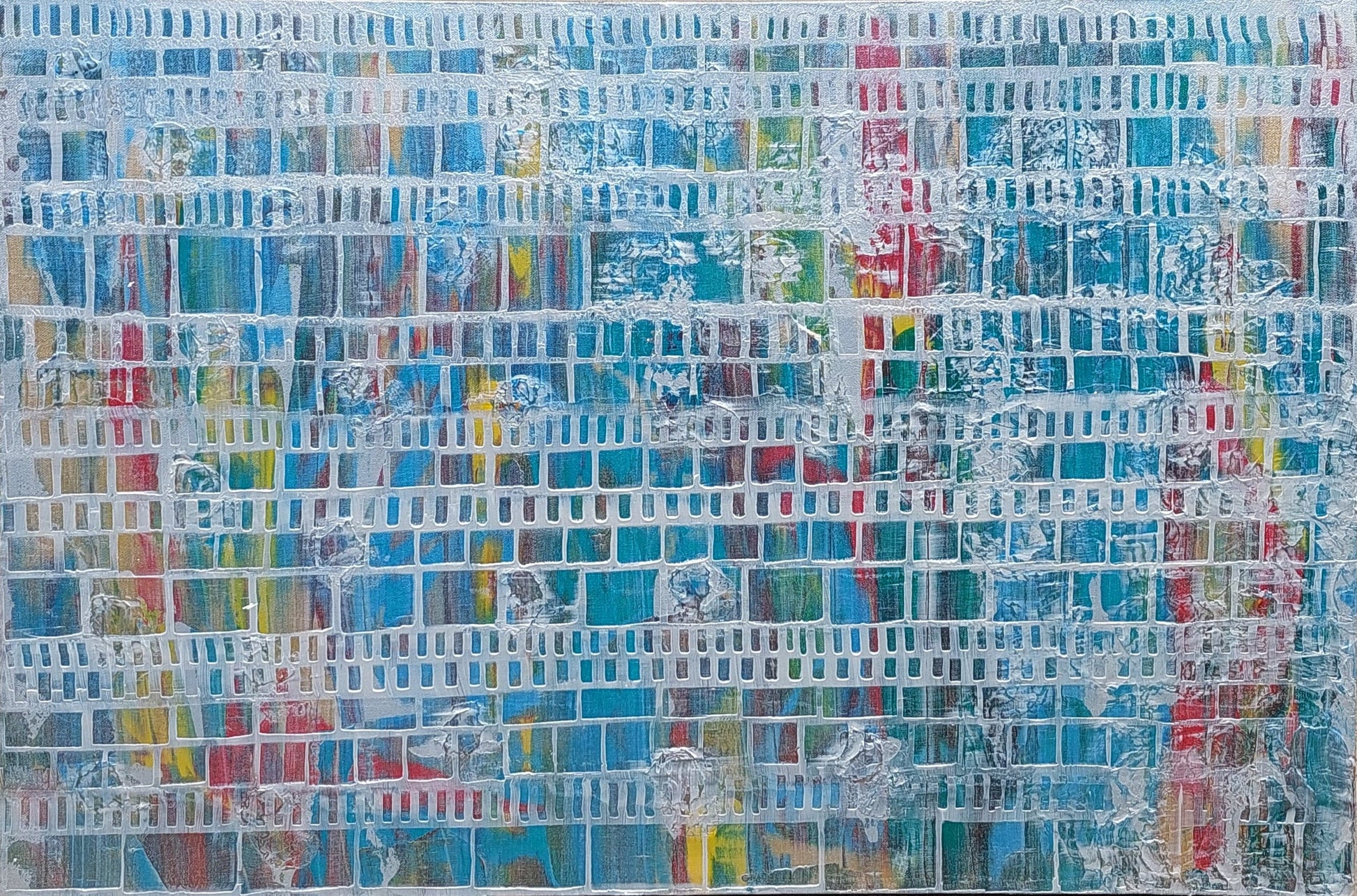Abstract multi colour canvas painting with blue yellow red and a silver overlay

