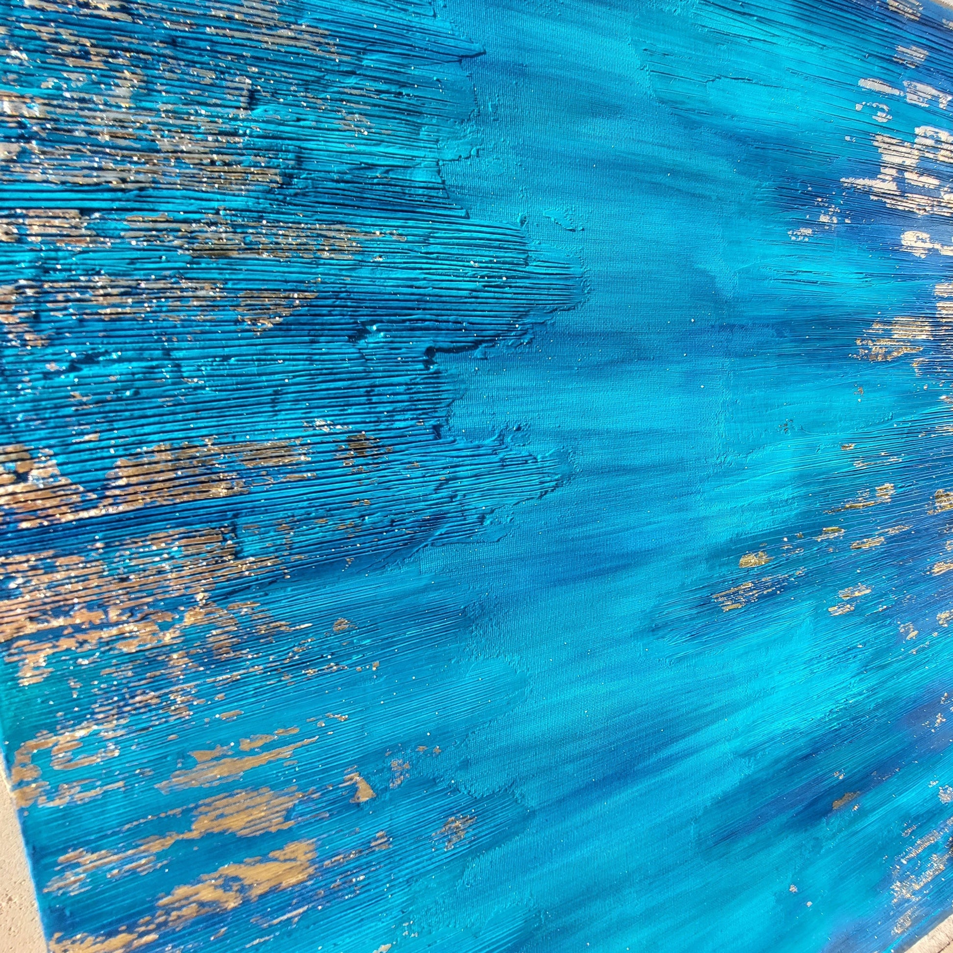 Blue Zone Acrylic painting with gold leaf, living room wall art