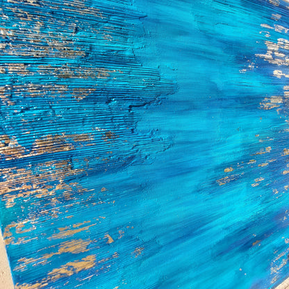 Blue Zone Acrylic painting with gold leaf, living room wall art