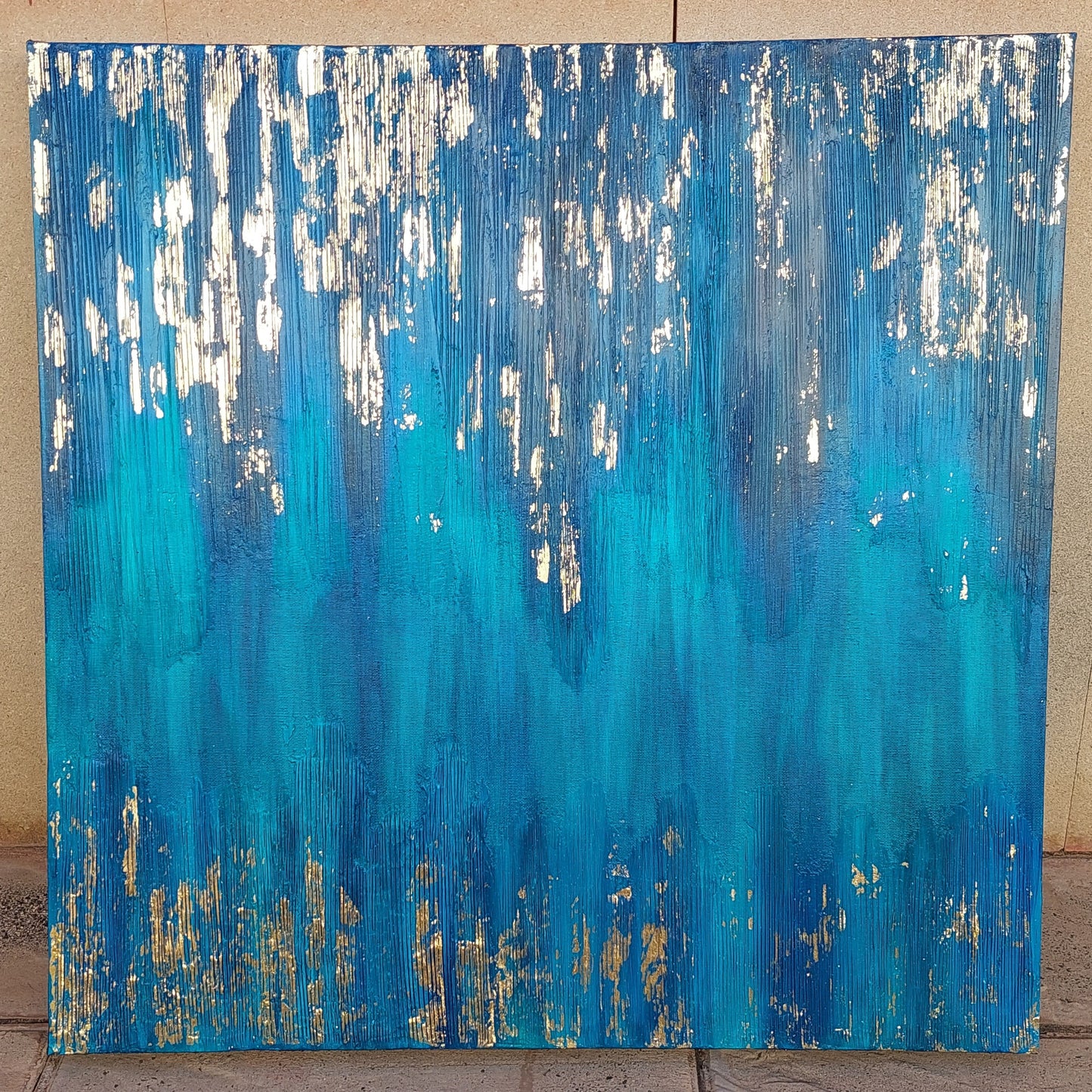 Blue Zone Acrylic painting with gold leaf, living room wall art