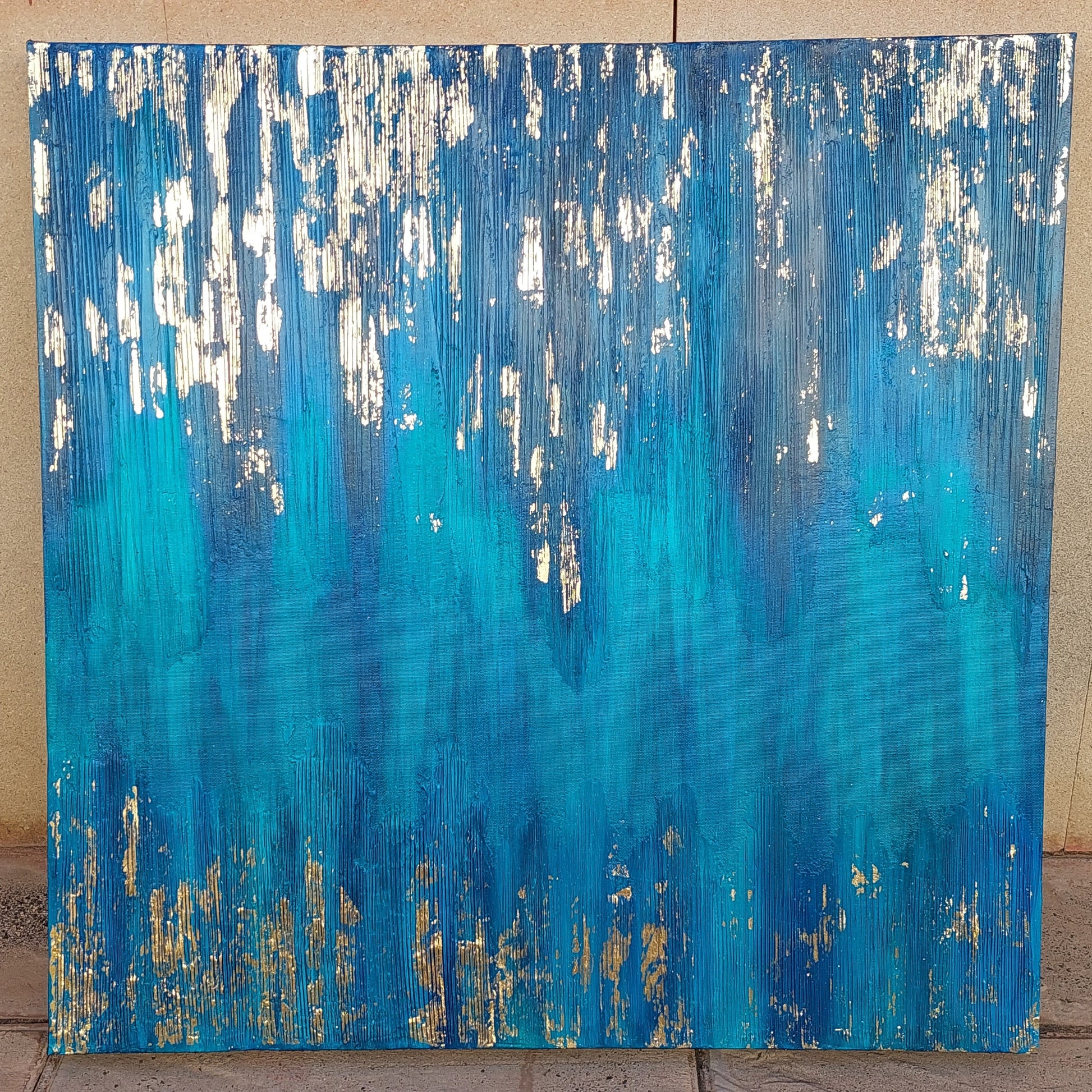 Blue Zone Acrylic painting with gold leaf, living room wall art