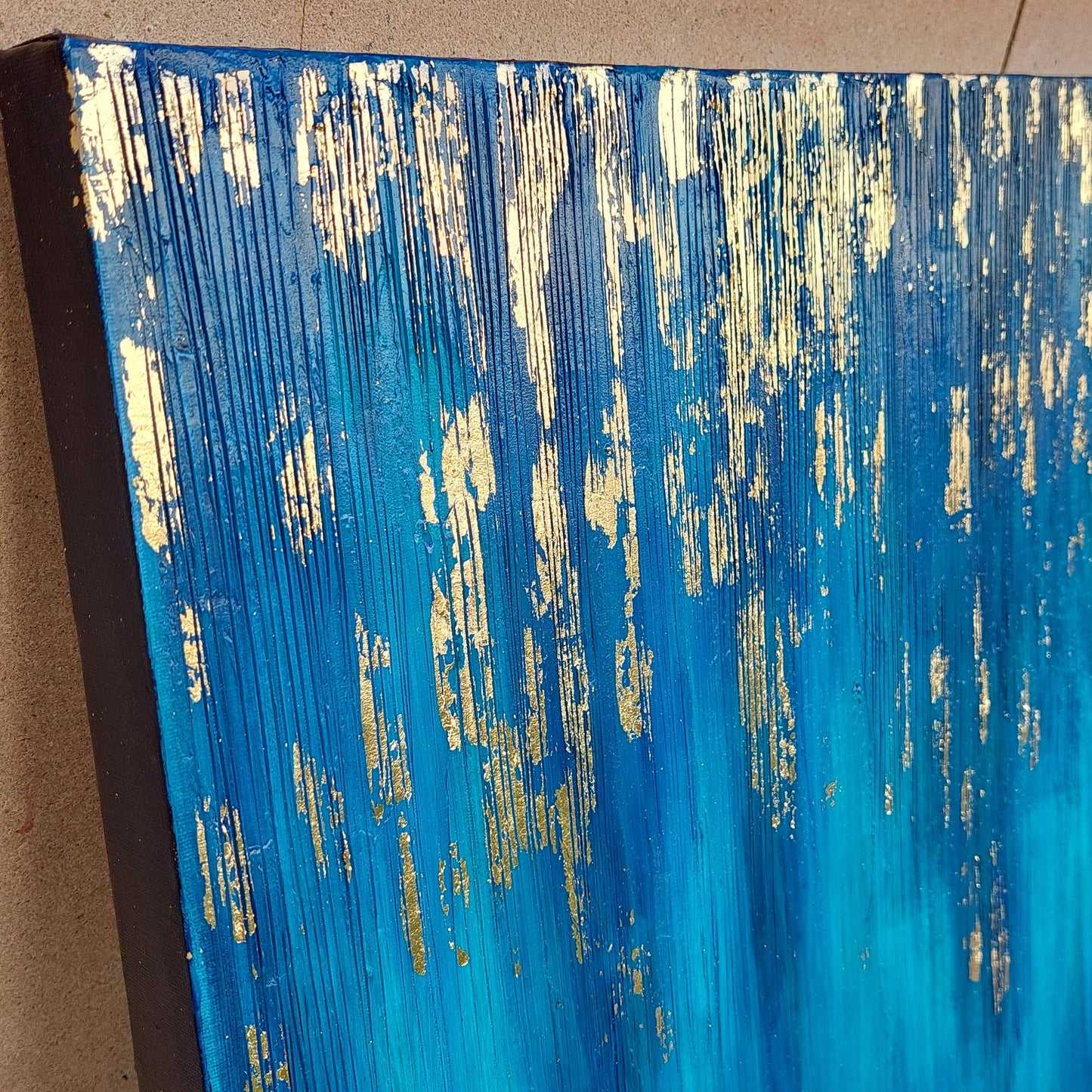 Blue Zone Acrylic painting with gold leaf, living room wall art