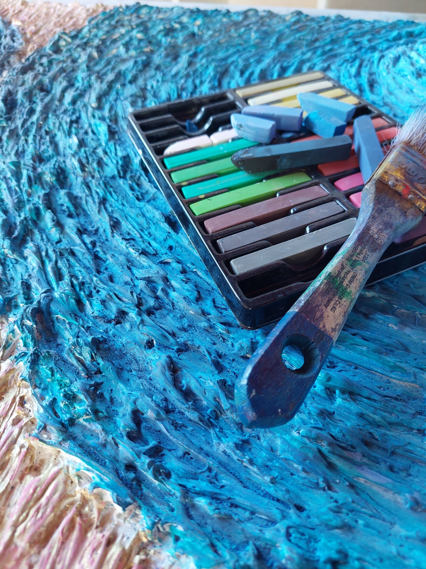 highly texture chalk, acrylic paint canvas artwork in shades of blue, black and cream, titled Flow
