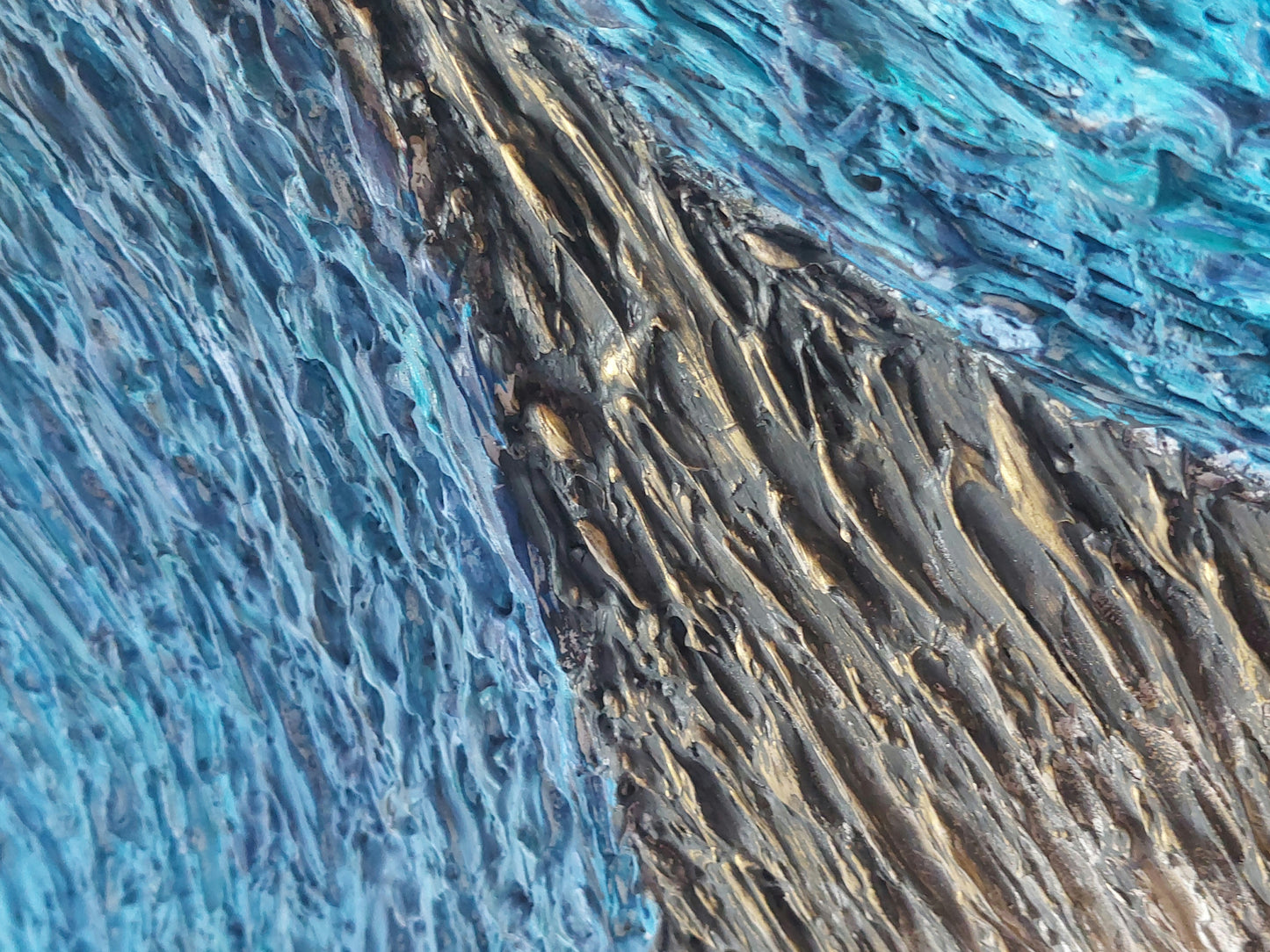 highly texture chalk, acrylic paint canvas artwork in shades of blue, black and cream, titled Flow