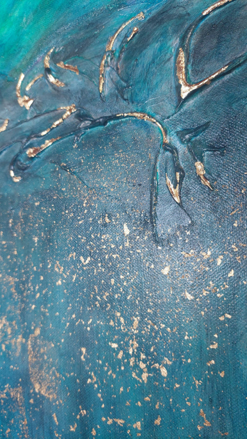 An abstract textured painting featuring a deep teal and blue background with metallic gold leaf accents and splatters. Equinox, Original Canvas Painting by Julie Bevan