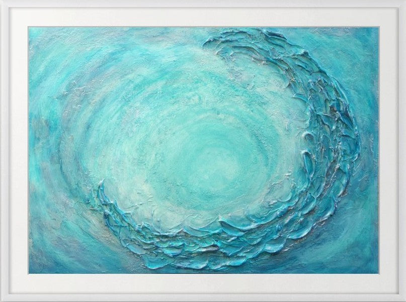 Abstract painting of concentric blue circles on a white background