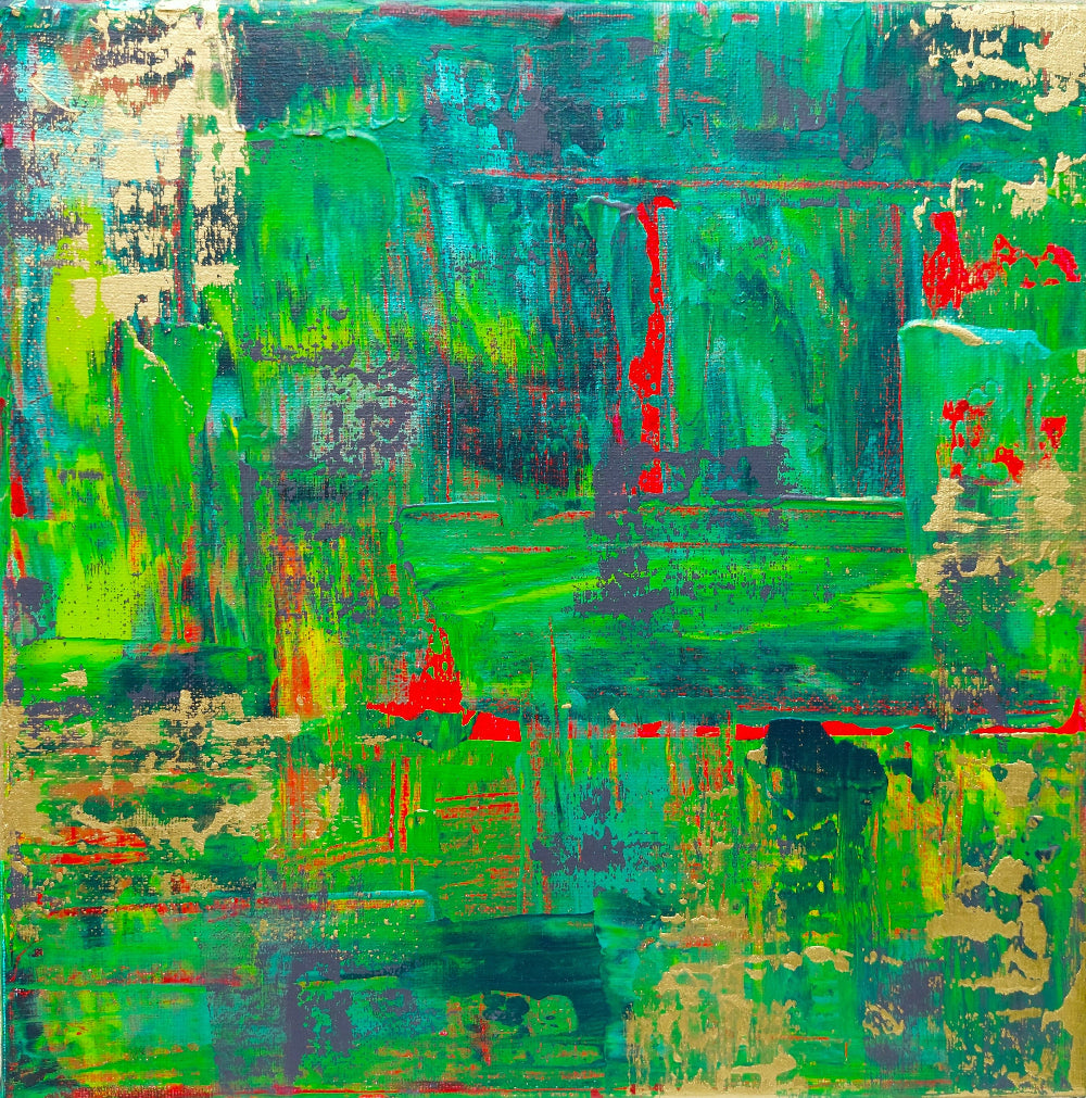 Abstract art with a mix of green, red, and blue colors on a textured surface.