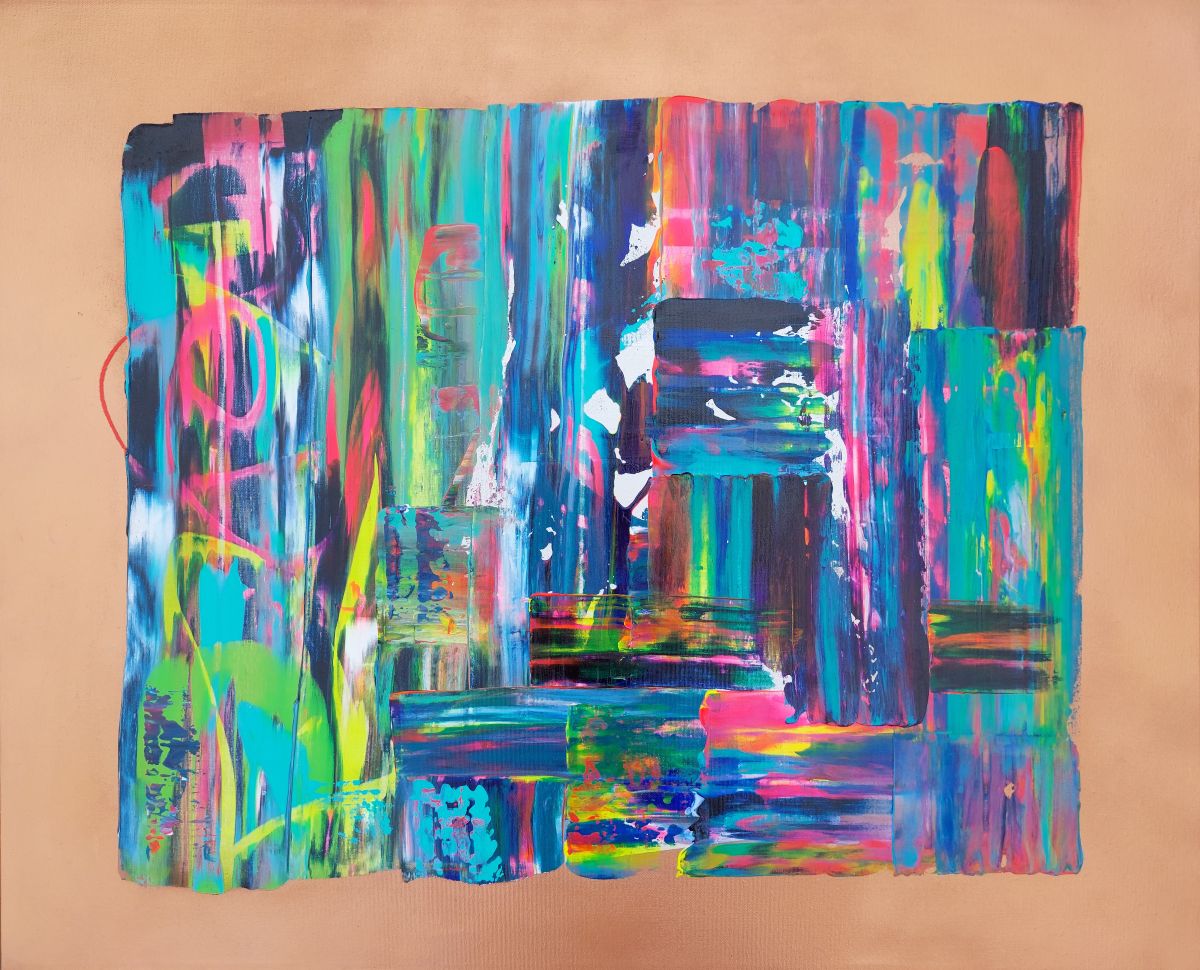 Abstract painting with vibrant colors on a beige background Tao an original abstract canvas painting by Julie Bevan