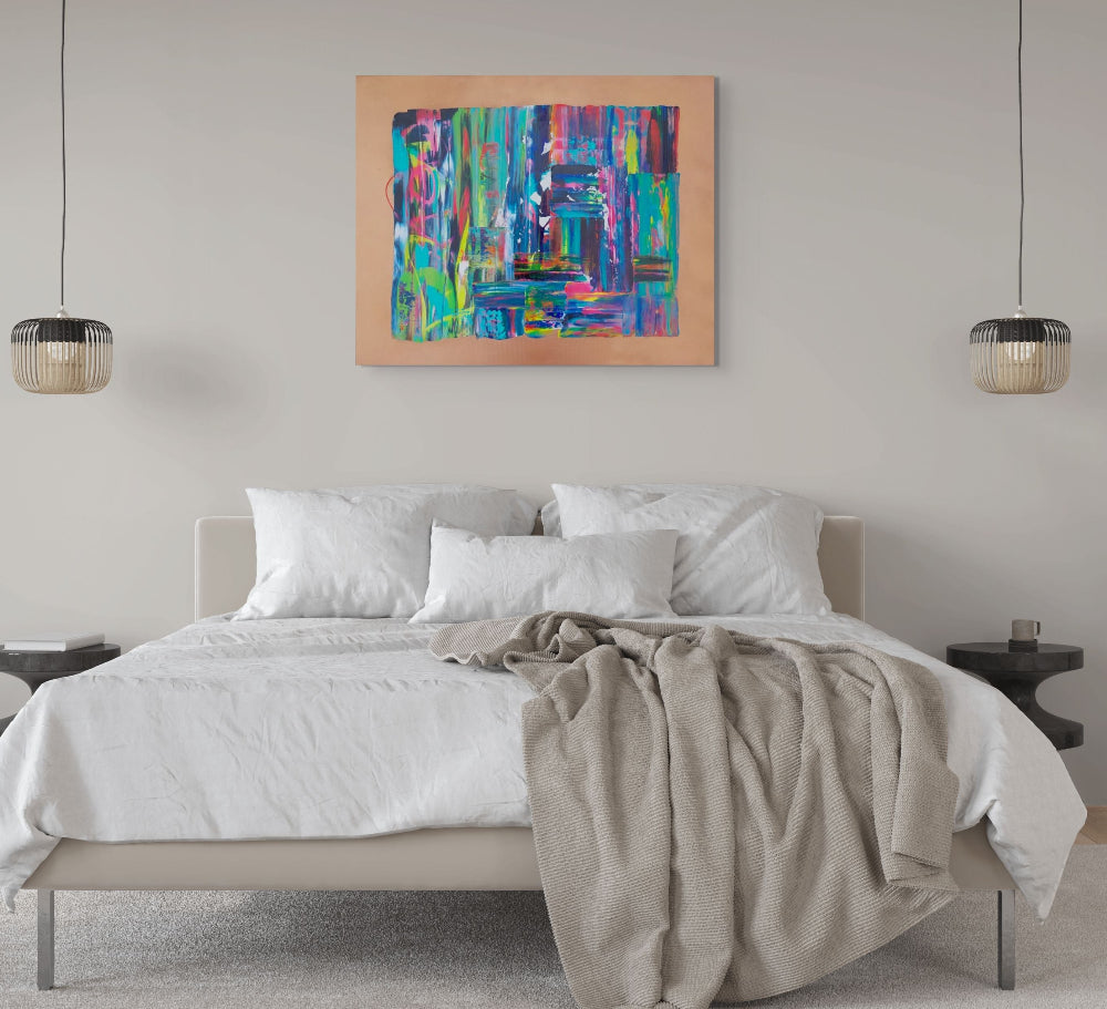 Modern bedroom with a bed, abstract painting, and pendant lights. Tao an original abstract canvas painting by Julie Bevan