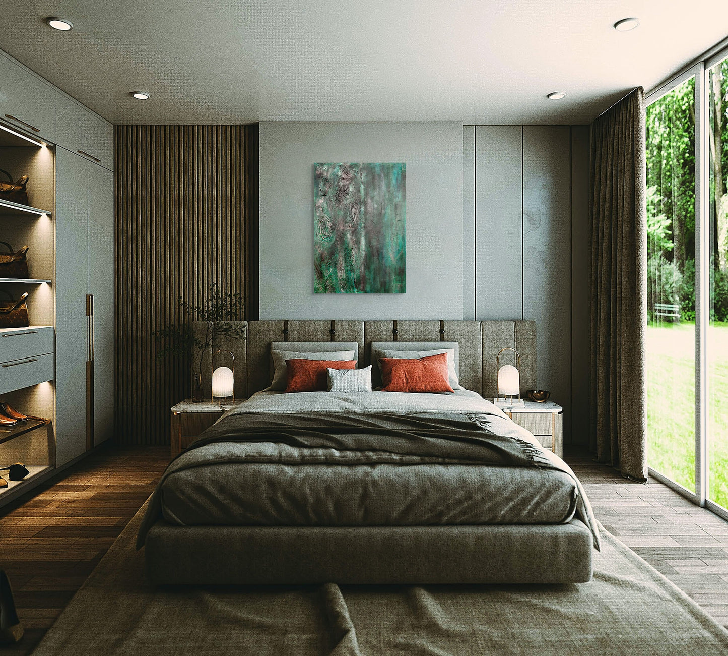 Original acrylic textured canvas painting. Greens, black, and grey abstract bedroom wall art