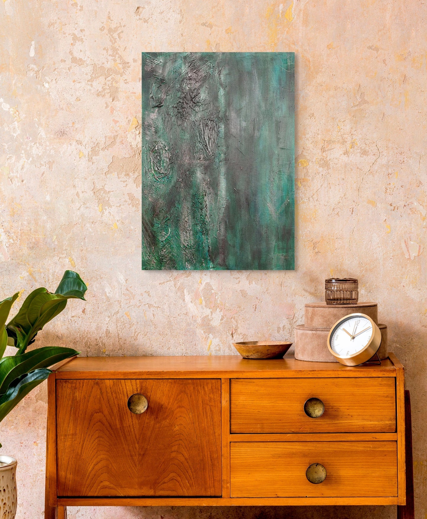Original acrylic textured canvas painting. Greens, black, and grey abstract bedroom wall art