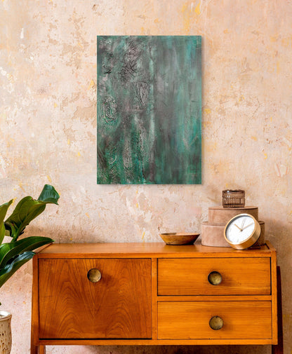 Original acrylic textured canvas painting. Greens, black, and grey abstract bedroom wall art