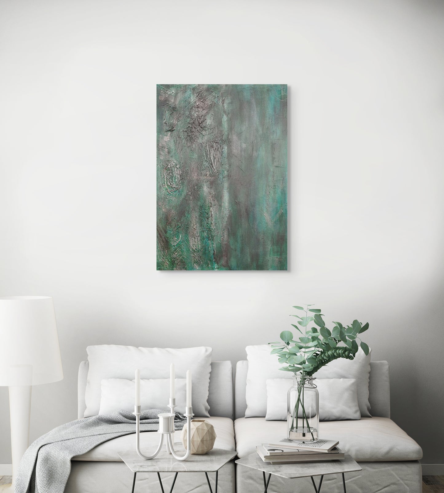 Original acrylic textured canvas painting. Greens, black, and grey abstract living room wall art
