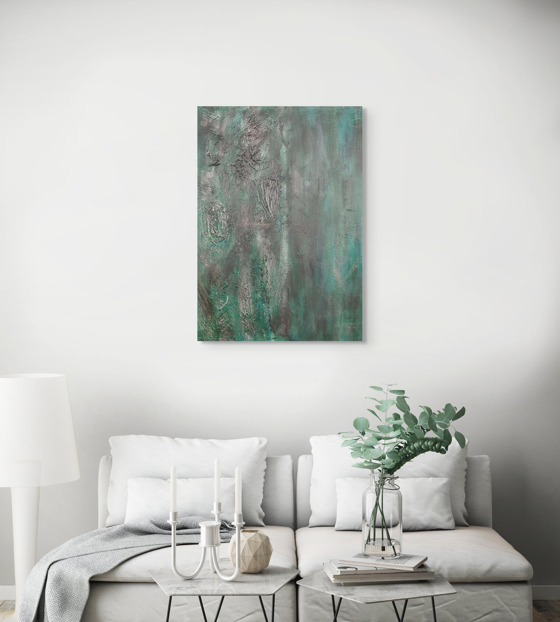 Original acrylic textured canvas painting. Greens, black, and grey abstract living room wall art