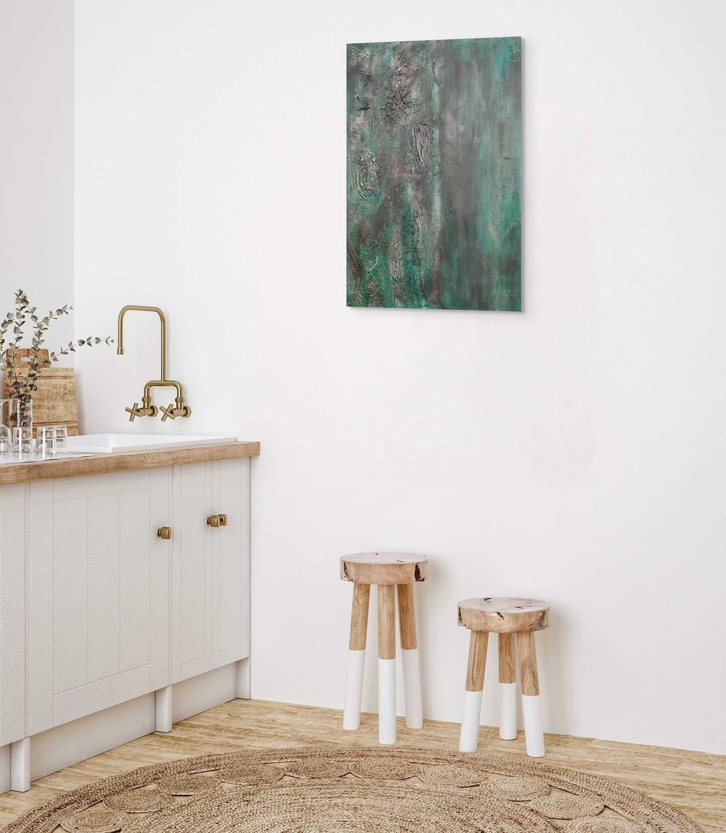 Original acrylic textured canvas painting. Greens, black, and grey abstract kitchen room wall art