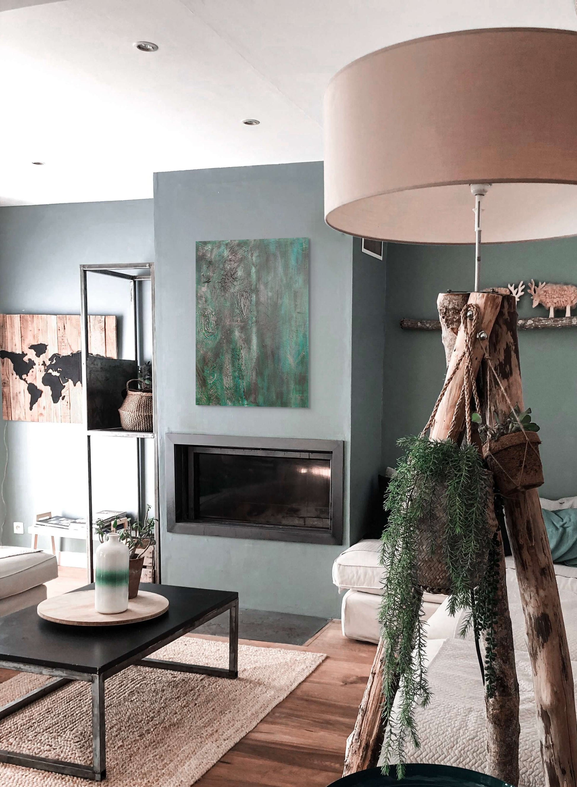 Original acrylic textured canvas painting. Greens, black, and grey abstract living room wall art