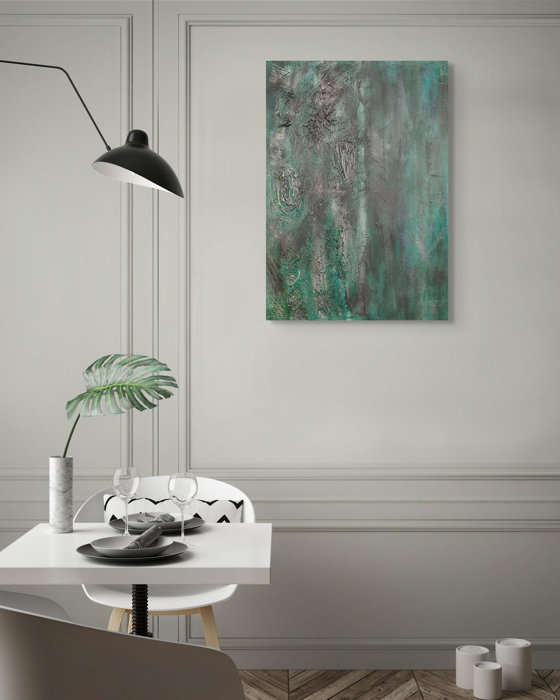 Original acrylic textured canvas painting. Greens, black, and grey abstract living room wall art