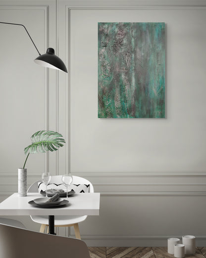 Original acrylic textured canvas painting. Greens, black, and grey abstract living room wall art