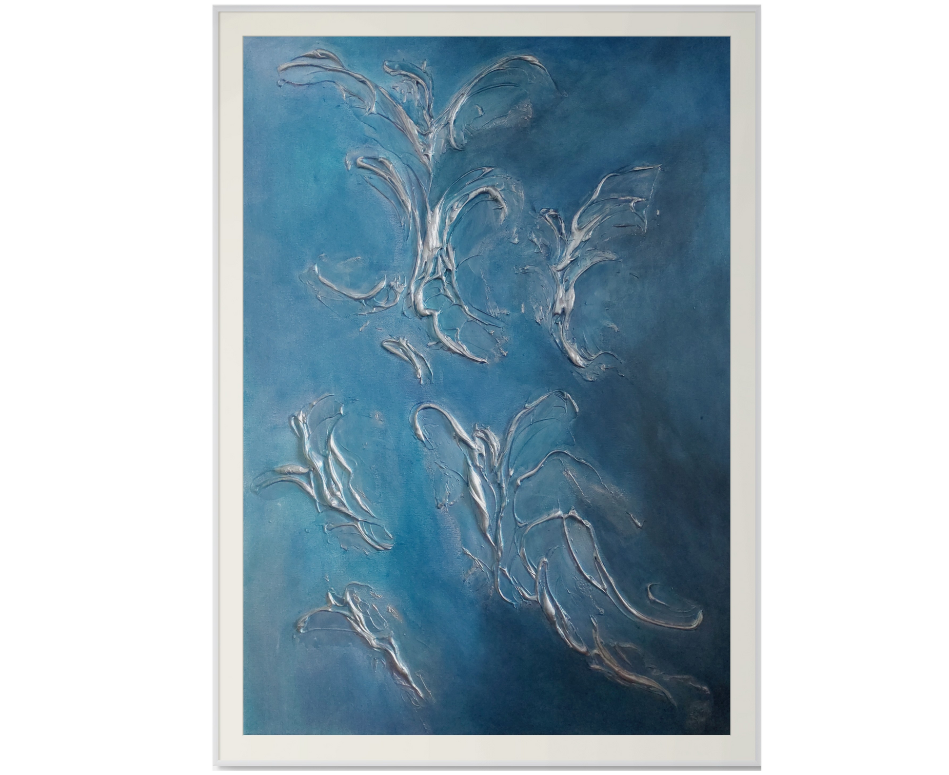 Abstract art piece with silver brush strokes on a blue background, Angels Fine Art Print by Julie Bevan
