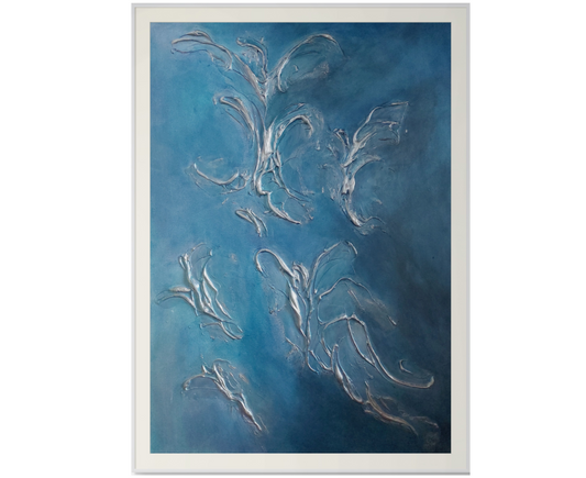 Abstract art piece with silver brush strokes on a blue background, Angels Fine Art Print by Julie Bevan