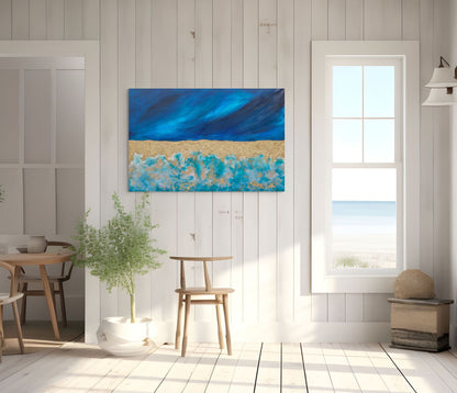 Original textured abstract seascape called atoll, blue gold and turquoise living room wall art