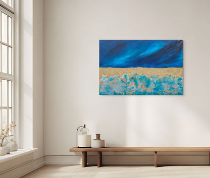 Original textured abstract seascape called atoll, blue gold and turquoise living room wall art