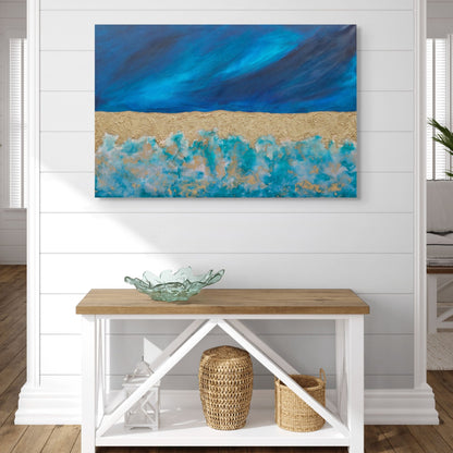 Original textured abstract seascape called atoll, blue gold and turquoise living room wall art