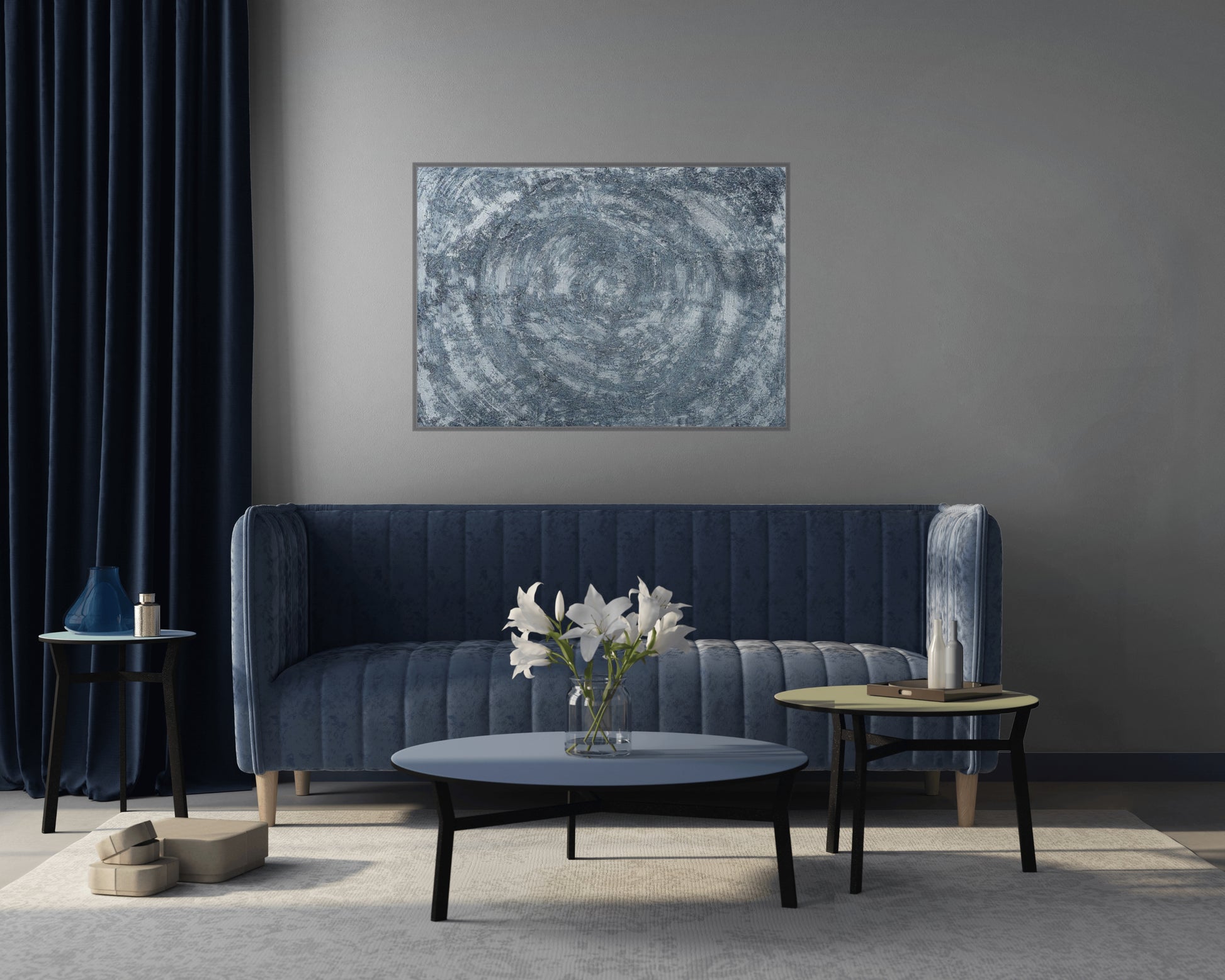 Black, grey & silver acrylic painting, swirling textures