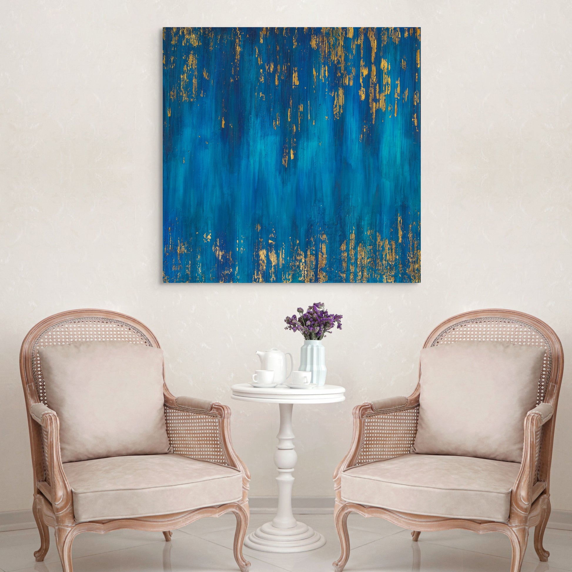 Blue Zone Acrylic painting with gold leaf, living room wall art