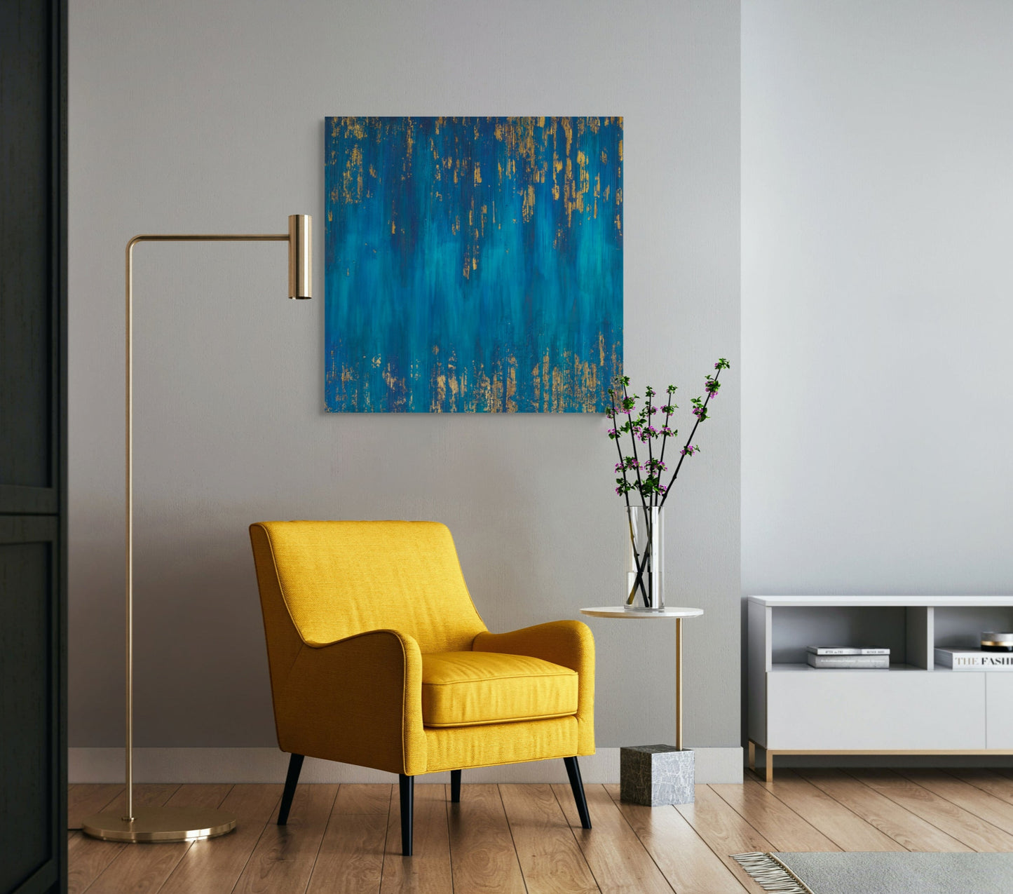 Blue Zone Acrylic painting with gold leaf, living room wall art