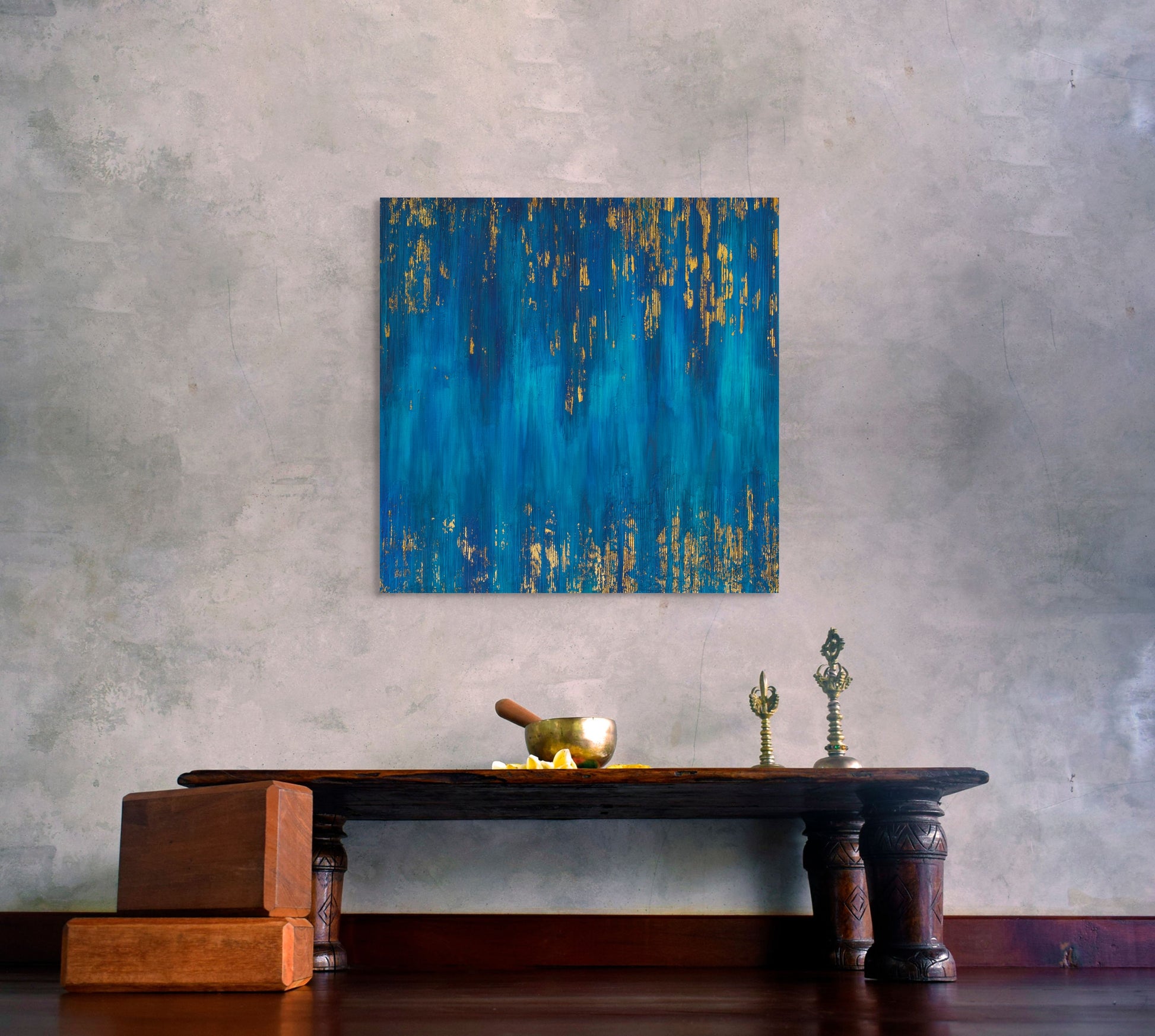Blue Zone Acrylic painting with gold leaf, living room wall art