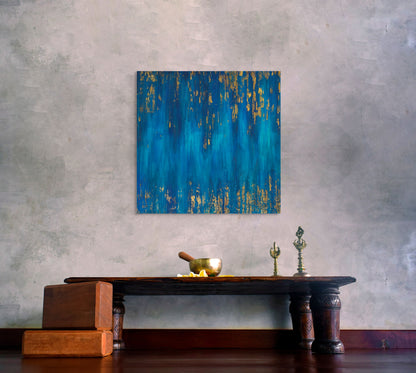 Blue Zone Acrylic painting with gold leaf, living room wall art