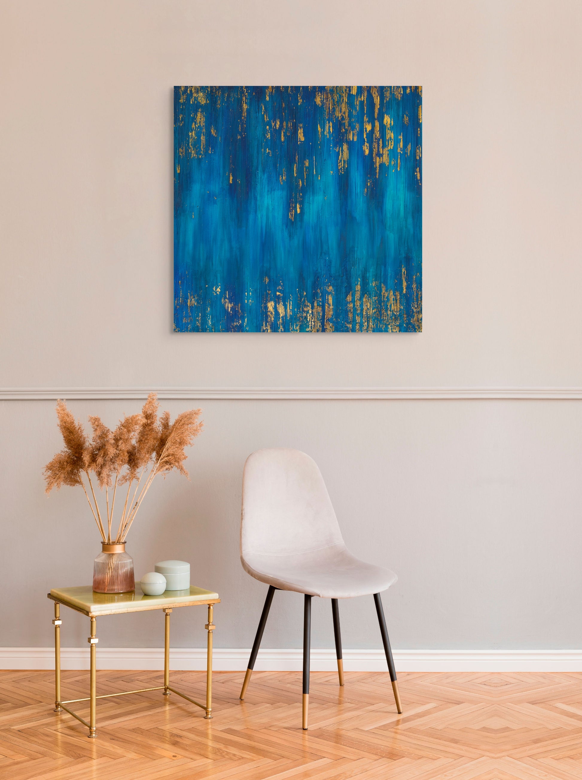 Blue Zone Acrylic painting with gold leaf, living room wall art