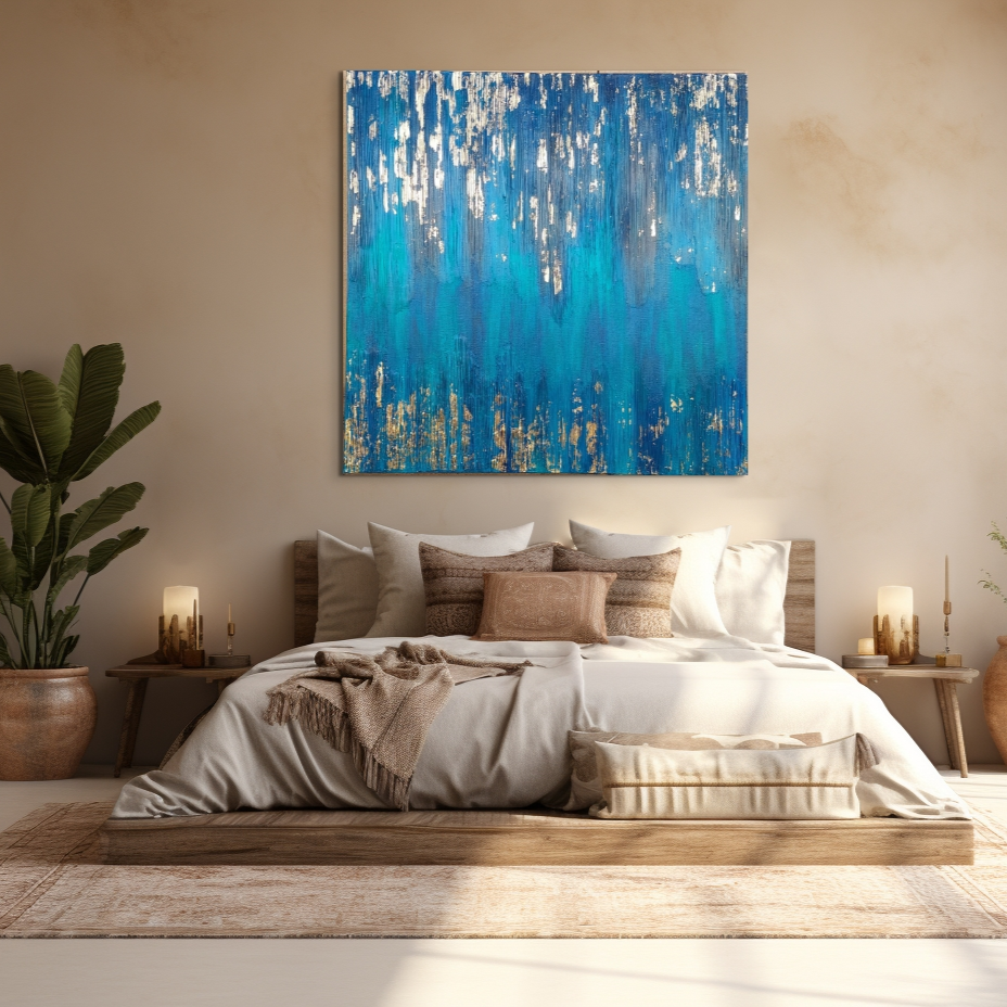Blue Zone Acrylic painting with gold leaf, living room wall art