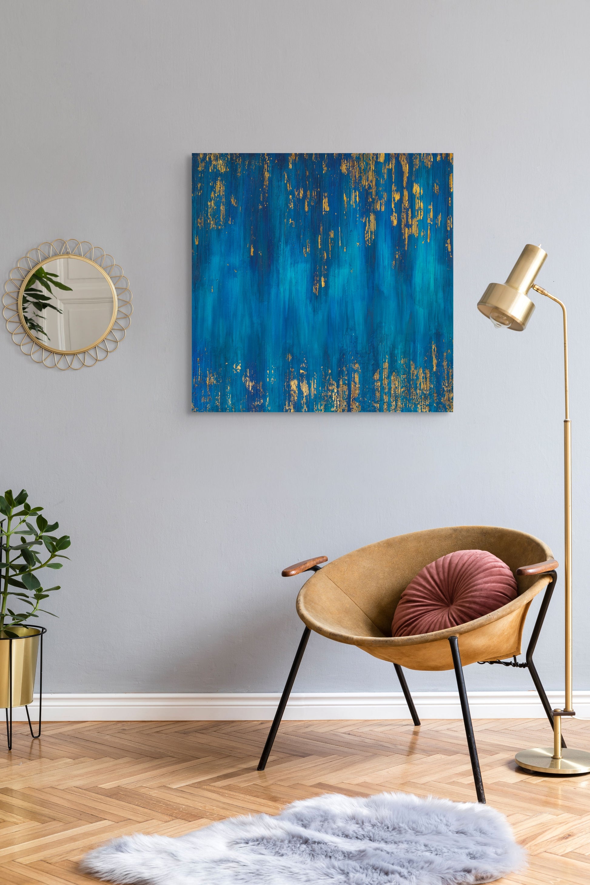 Blue Zone Acrylic painting with gold leaf, living room wall art