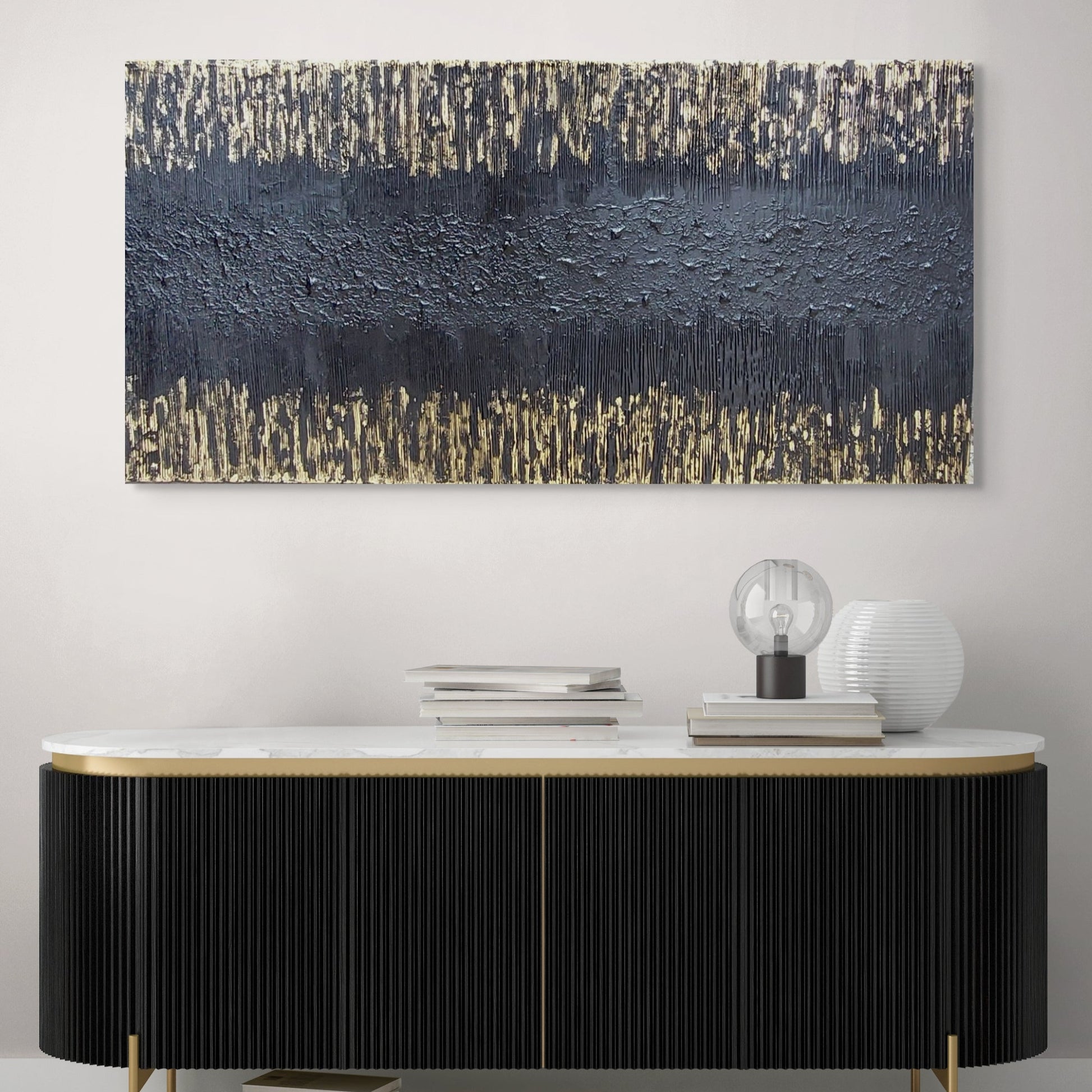 Abstract black and gold textured canvas painting