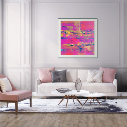 Vibrant pink and gold art print titled Denim