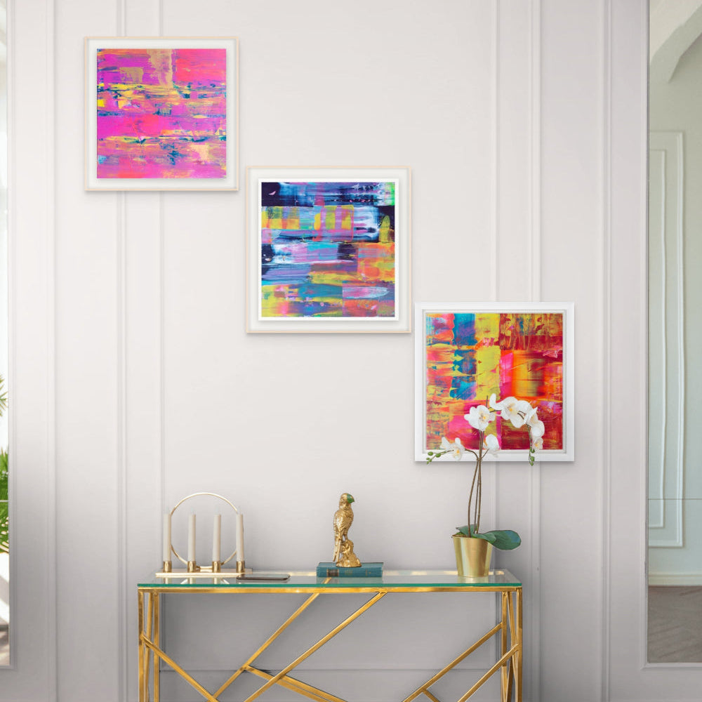 three fine art colourful prints, flurry, Denim and Midnight By Julie Bevan Art