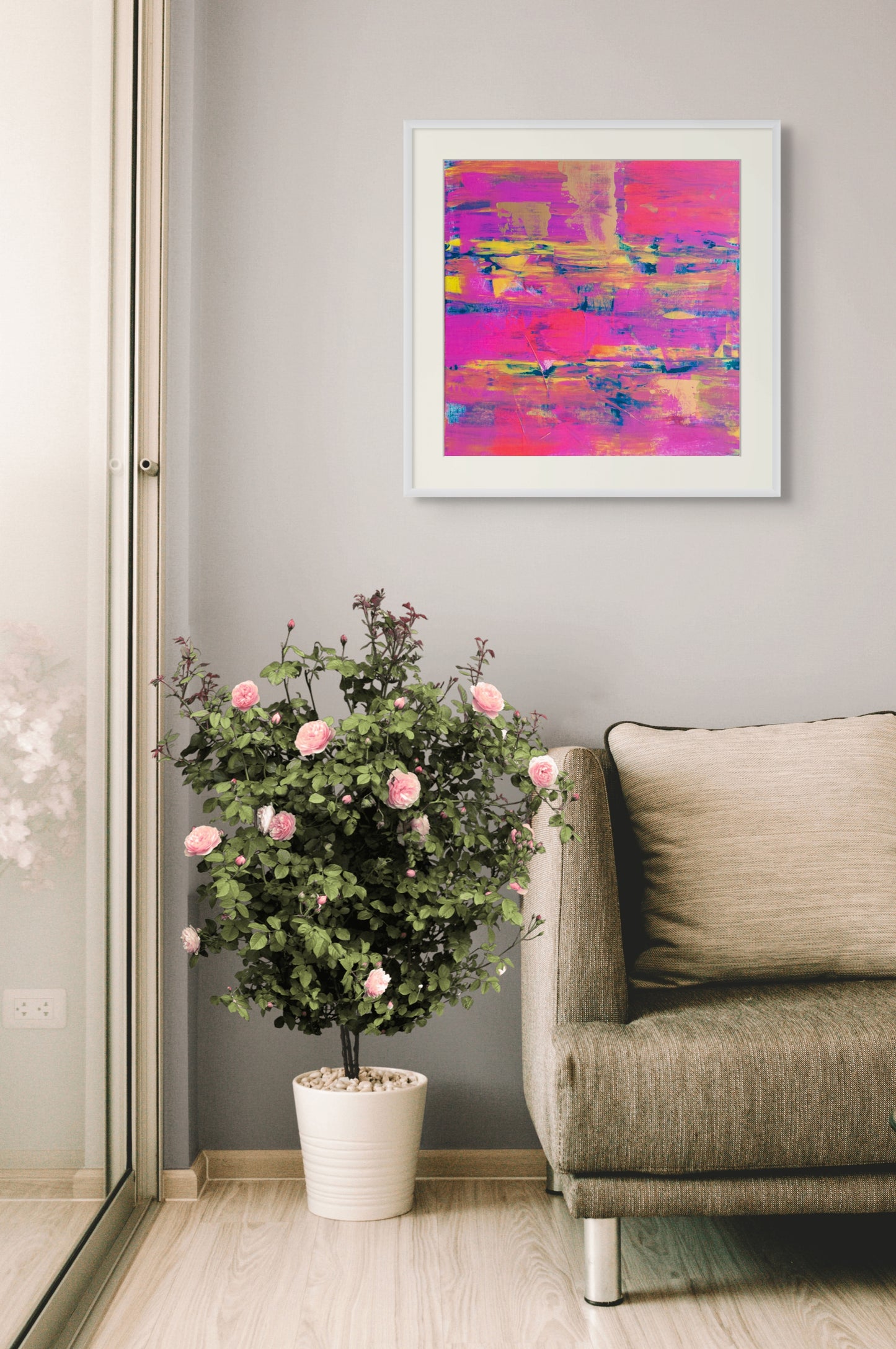 Vibrant pink and gold art print titled Denim