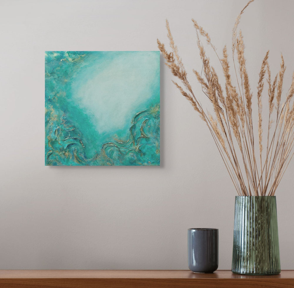 Abstract teal painting on a wall with a vase and candle on a shelf below. From the Depths, Original Canvas Painting
