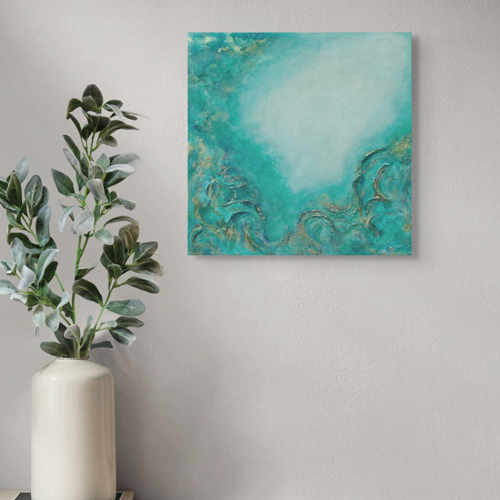 Decorative setup with a vase of plants and a piece of abstract art on a wall. From the Depths, Original Canvas Painting