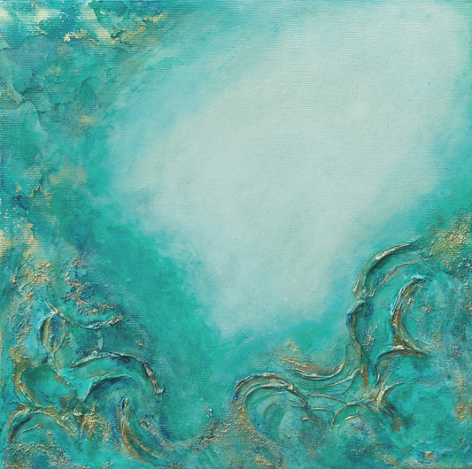 Abstract artwork with teal and gold colors on a textured background From the Depths, Original Canvas Painting