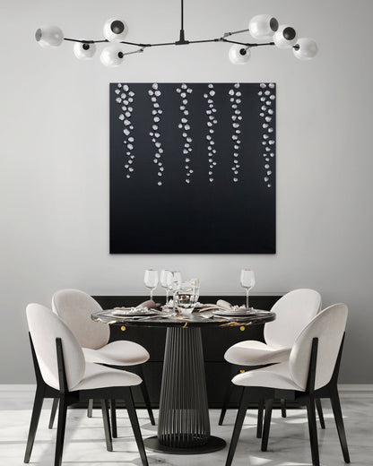 silver Droplets | Abstract Textured Silver & Black Canvas Artwork | Minimalist Black Art | Contemporary Silver Leaf | Textured Hand Painted Canvas and black droplets on canvas