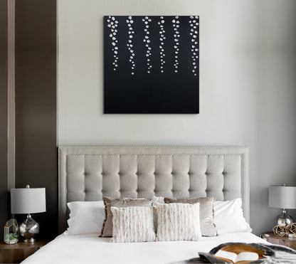 silver Droplets | Abstract Textured Silver & Black Canvas Artwork | Minimalist Black Art | Contemporary Silver Leaf | Textured Hand Painted Canvas and black droplets on canvas