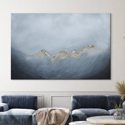 Acrylic & ink canvas art, abstract seascape grey, gold, black metallic, living room wall art