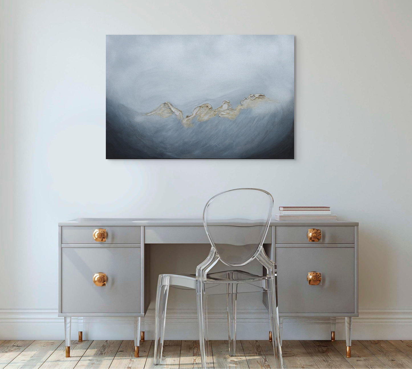 Acrylic & ink canvas art, abstract seascape grey, gold, black metallic, living room wall art
