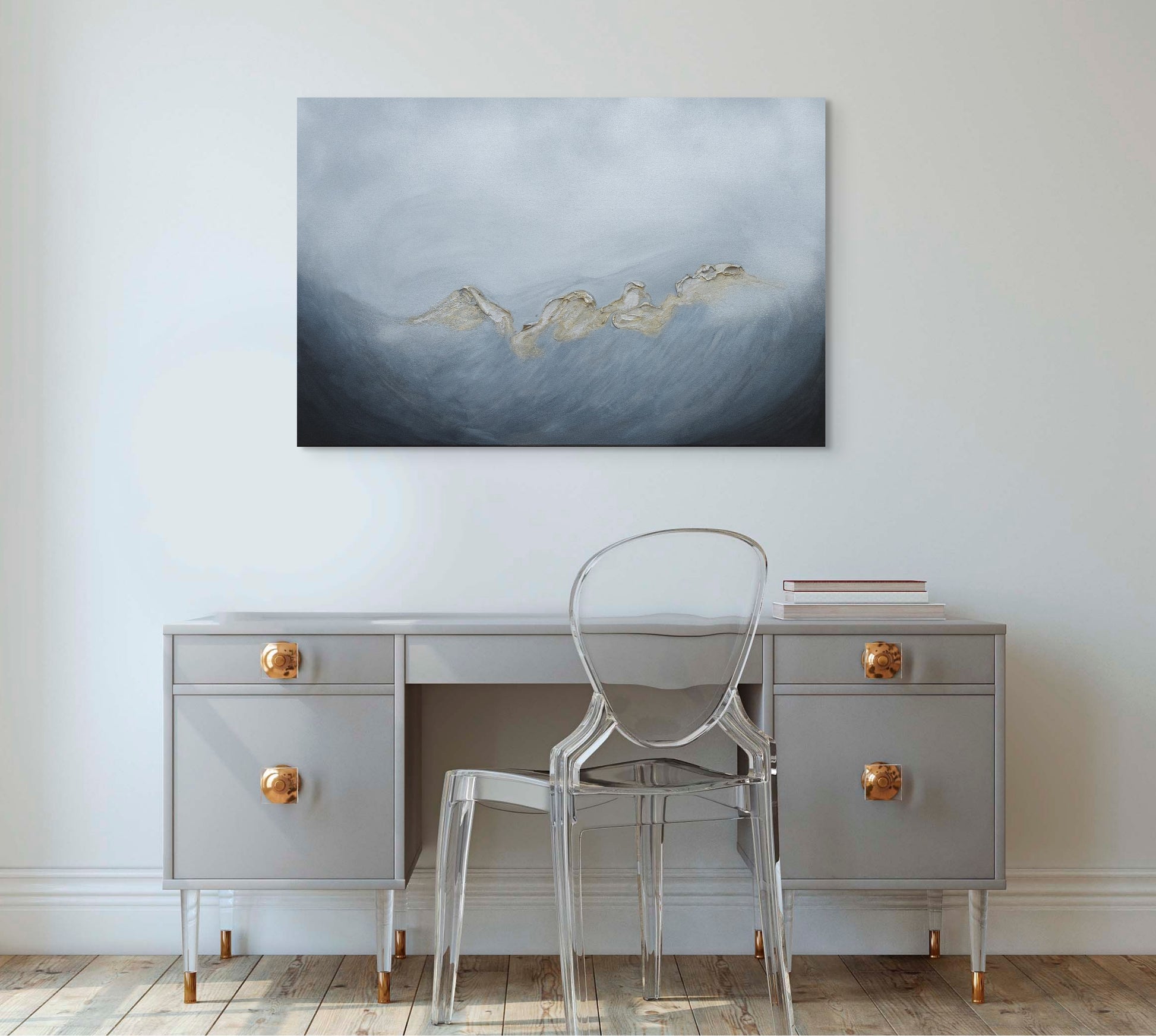 Acrylic & ink canvas art, abstract seascape grey, gold, black metallic, living room wall art